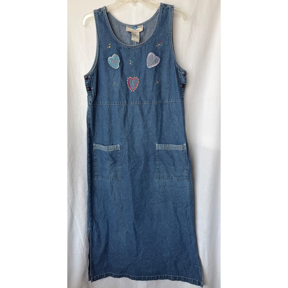 Y2K True Blue Jumper Dress Blue Heart Embroidered Denim Midi Cottagecore Medium